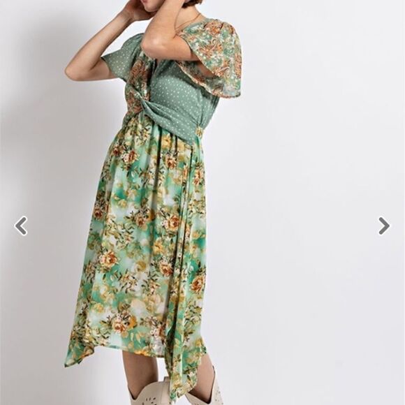 NEW! Twist Front Elastic Waist Floral Midi Dress with Full Lining and Key Hole - Picture 3 of 7